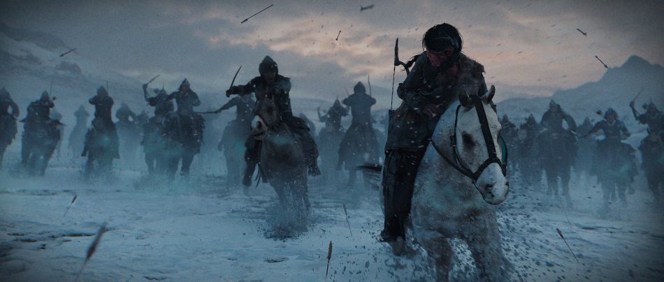 Cinematic keyframe concept showing a high-speed chase across the frozen Mongolian tundra – dynamic composition capturing the raw energy and tension of the pursuit.