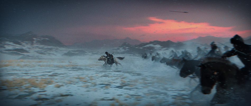 Cinematic keyframe concept depicting a tense chase scene in the icy Mongolian tundra – dramatic movement and stark landscape emphasize urgency and danger.