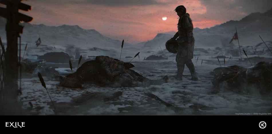 Keyframe showing a war-torn landscape from Exile, with fallen bodies and a haunting atmosphere of violence and despair.