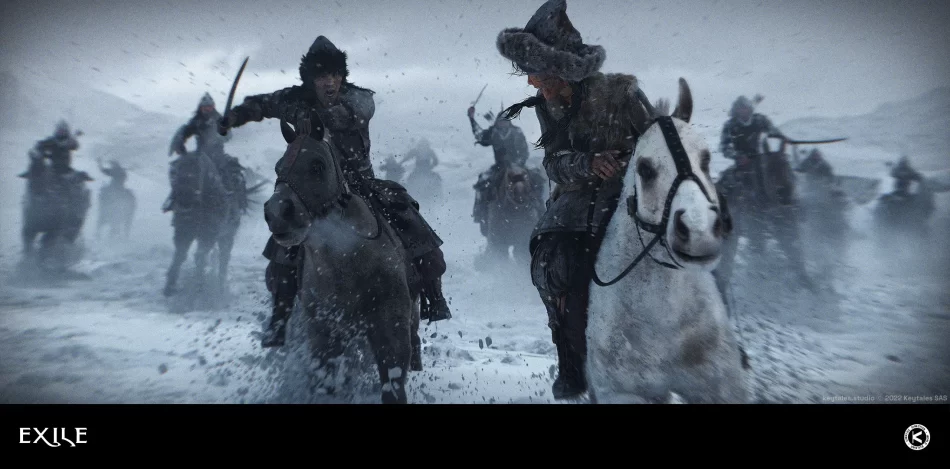 Cinematic keyframe concept showing a high-speed chase scene from Exile – dynamic composition with movement and tension.